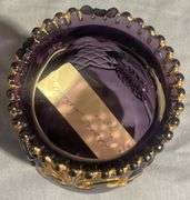 Purple Amethyst Glass Footed Spooner with Gold-Tone Embellishments, (chipped and cracked) 5″