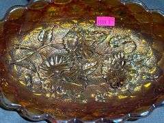 Marigold Carnival Glass Bowl with Floral Motif and Scalloped Edge
