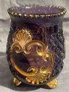 Purple Amethyst Glass Footed Spooner with Gold-Tone Embellishments, (chipped and cracked) 5″