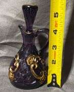 Purple Amethyst Glass Cruet with Gold-Tone Gilded Accents and Stopper, 7″