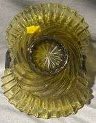 Avocado Green Swirl & Ruffled Glass Basket, 7x5x5.5″