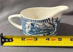Currier & Ives Cream and Sugar with Blue Transferware Design