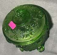 Green Pressed Glass Footed Candy Dish with Lid and Grape Design (Chip on Lid), 4×6″