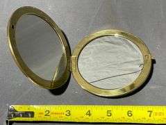 Round Brass Compact with Painted Scene and Dual Mirrors, 4″