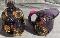 Amethyst Glass Footed Creamer and Sugar with Gold-Tone Accents, 5", 7"