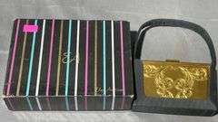 Gold-Tone Metal Compact Handbag with Black Fabric Handle