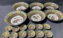 Asian Motif Porcelain Bowls With Polychrome Floral Motifs, 18 Pieces some chipps