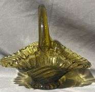 Avocado Green Swirl & Ruffled Glass Basket, 7x5x5.5″