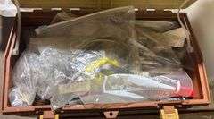 Plastic Storage Box with Mixed Contents, Including Tools and Supplies
