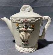 Porcelier Teapot with Embossed Floral and Girl Motif, 8×6″