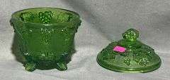Green Pressed Glass Footed Candy Dish with Lid and Grape Design (Chip on Lid), 4×6″