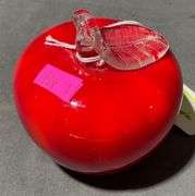 Red Glass Apple Paperweight with Clear Leaf Accent, 3″