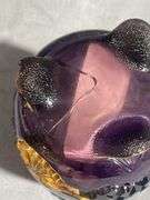 Purple Amethyst Glass Footed Spooner with Gold-Tone Embellishments, (chipped and cracked) 5″