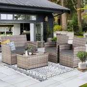 Gray 4-Piece Wicker Outdoor Patio Conversation Furniture Sofa set with Gray Cushions and Coffee Table, Apt, Porch, Yard