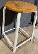 Round Stool with White Metal Frame and Wood Seat