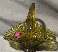 Avocado Green Swirl & Ruffled Glass Basket, 7x5x5.5″