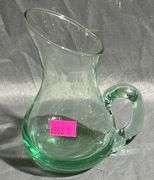 Green Glass Pitcher with Curved Handle, Approximately 4”x5”
