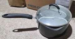 Household Items Including Outdoor Thermometer, Hamilton Beach Blender Base, and Cookware