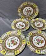 Asian Motif Porcelain Plates and Bowl with Floral and Geometric Patterns