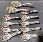 Asian Motif Porcelain Floral Soup Spoons, 11 Pieces