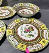 Asian Motif Porcelain Plates and Bowl with Floral and Geometric Patterns