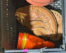 Sports Balls, Leather Glove, Plastic Cones, and Toy Blaster