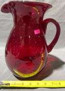 Handblown Red Glass Pitcher with Handle and Signed Base ‘Joe Deanor’, 9.5″