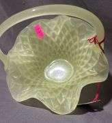 Uranium Glass Basket with Crimped Rim and Loop Handle, 5.5×6.5×6.5″