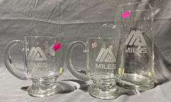 Etched Glass Pitcher and Two Mugs with Miles Logo