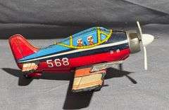 1950s Japanese F-80 Tin Friction Toy Airplane, 6” Long with 8” Wingspan
