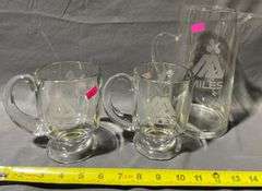 Etched Glass Pitcher and Two Mugs with Miles Logo