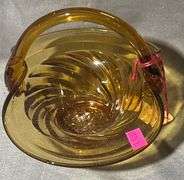 Amber Glass Basket with Swirled Base and Handle, 6x5x5″