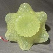 Uranium Glass Basket with Crimped Rim and Loop Handle, 5.5×6.5×6.5″