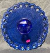 Cobalt Blue Glass Serving Tray with Openwork Rim and Handle