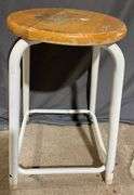 Round Stool with White Metal Frame and Wood Seat