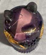 Purple Amethyst Glass Footed Spooner with Gold-Tone Embellishments, (chipped and cracked) 5″