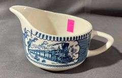 Currier & Ives Cream and Sugar with Blue Transferware Design