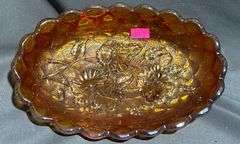 Marigold Carnival Glass Bowl with Floral Motif and Scalloped Edge