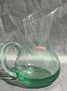Green Glass Pitcher with Curved Handle, Approximately 4”x5”