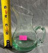 Green Glass Pitcher with Curved Handle, Approximately 4”x5”