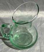 Green Glass Pitcher with Curved Handle, Approximately 4”x5”