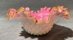 Pink and White Hobnail Glass Bowl with Ruffled Edged Rim, 6″