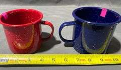 Red and Blue Enamel-Coated Metal Mugs with White Speckled Finish