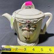 Porcelier Teapot with Embossed Floral and Girl Motif, 8×6″