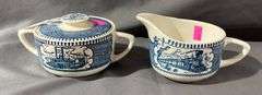 Currier & Ives Cream and Sugar with Blue Transferware Design