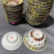 Asian Motif Bowls and Saucers with Multicolor Patterns, Lot of 24, 4-4.5″