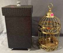 Black Textured Storage Box With Glass Knob Lid and Brass Wire Cage with Faux Nest