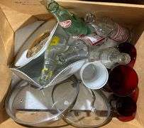 Glassware, Bottles, Basket, And Decorative Plate