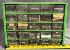 Green Metal Organizer with 24 Plastic Drawers & Contents