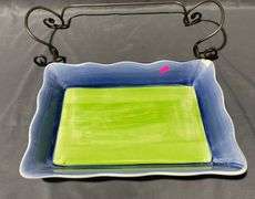 Americaware Serving Dish with Metal Stand and Scalloped Design (chipped) 12″